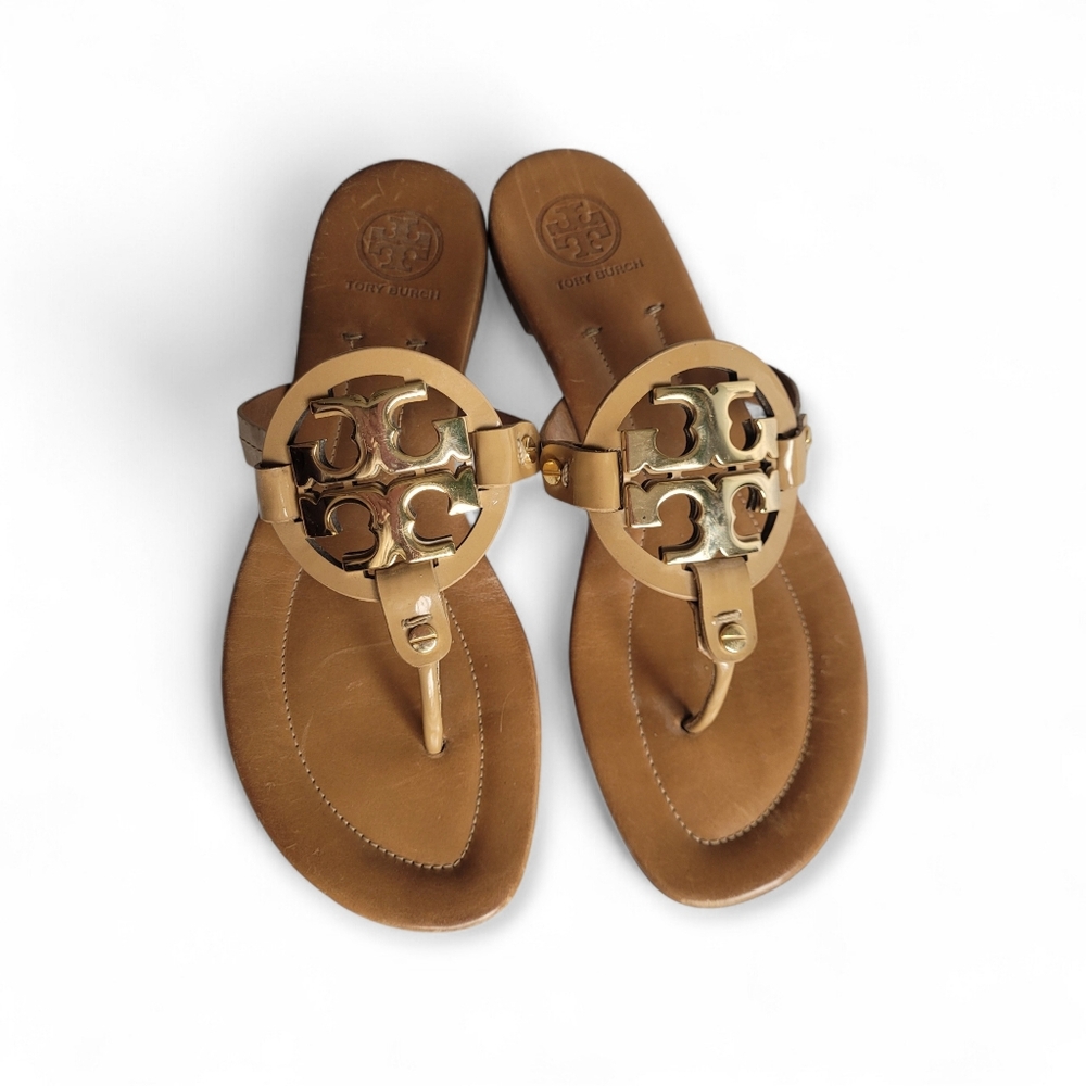 Tory Burch Metal Miller 2 Leather Sandals Tan Size 10 - Picture 1 of 12